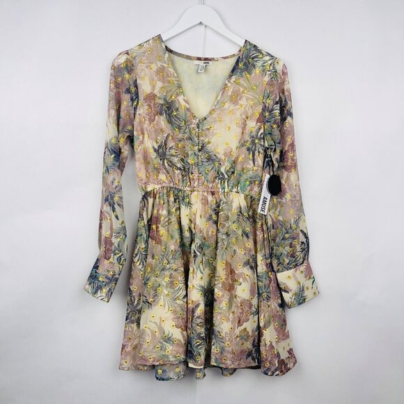 Amuse Society Eva Luna Floral Chiffon Long-Sleeve Mini Dress Size S - Picture 1 of 14